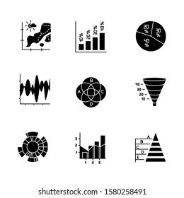 Chart and graph glyph icons set. Temperature map. Vertical histogram. Pie diagram. Funnel chart. Venn diagram. Sunburst. Mixed chart. Pyramid. Silhouette symbols. Vector isolated illustration