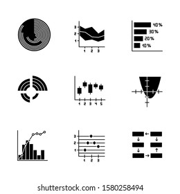 Chart and graph glyph icons set. Horizontal histogram. Area chart. Function curve. Radial diagram. Pareto curve. Figure chart. Data wiring. Silhouette symbols. Vector isolated illustration