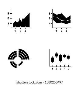Chart and graph glyph icons set. Radial diagram with increasing values. Area charts with segments. Vertical scatter histogram. Business research. Silhouette symbols. Vector isolated illustration