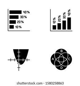 Chart and graph glyph icons set. Horizontal and vertical histogram with interest rates. Function curve. Venn diagram. Trigonometry. Business. Silhouette symbols. Vector isolated illustration