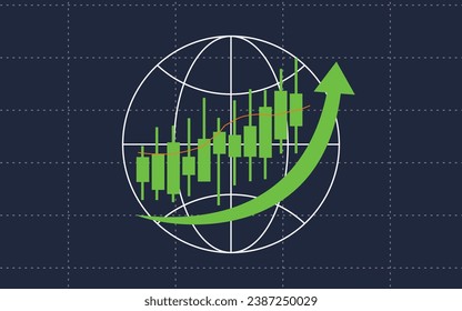 The chart graph and green arrow are increasing upwards in the background of the globe representing the world economy stock exchanges are increasing