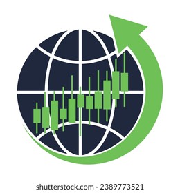 The chart graph and green arrow are increasing upwards in the background of the globe representing the world economy stock exchanges are increasing