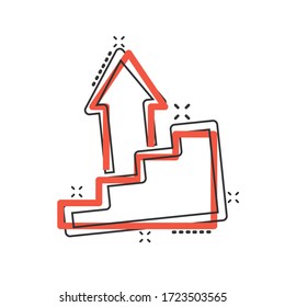 Chart graph icon in comic style. Arrow grow cartoon vector illustration on white isolated background. Analysis splash effect business concept.