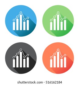 Chart graph icon with long shadow. Business flat vector illustration on blue, green, black and orange background.
