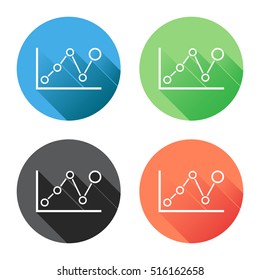 Chart graph icon with long shadow. Business flat vector illustration on blue, green, black and orange background.