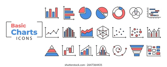 Chart and graph icon set for business and finance with bar, pie, line, and donut diagram. Growth analysis by statistic, graphic, and data report. Vector illustration in red, blue, and white.