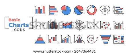 Chart and graph icon set for business and finance with bar, pie, line, and donut diagram. Growth analysis by statistic, graphic, and data report. Vector illustration in red, blue, and white.