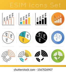 Chart and graph icons set. Vertical histogram with percentage rate. Pie diagram with segments. Radial chart for presentation. Flat design, linear, black and color styles. Isolated vector illustrations