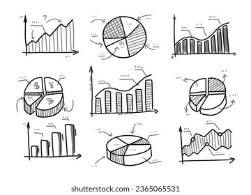 Chart graph info. Set of Sketch hand drawn infographic. Business finance data. Line doodle diagram. Graphic financial cartoon clipart. Progress report analytics