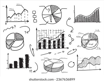 Chart graph info. Set of Sketch hand drawn infographic. Business finance data. Line doodle diagram. Graphic financial cartoon clipart. Progress report analytics