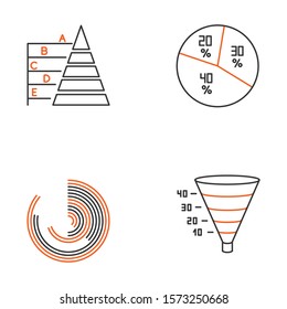 Chart and graph linear icons set. Pie diagram. Pyramid chart. Polar watch. Funnel infographic. Marketing conversion. Thin line contour symbols. Isolated vector outline illustrations. Editable stroke