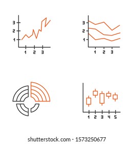 Chart and graph linear icons set. Radial diagram with increasing values. Area charts. Vertical scatter histogram. Thin line contour symbols. Isolated vector outline illustrations. Editable stroke