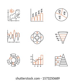 Chart and graph linear icons set. Temperature map. Histogram. Diagram. Funnel chart. Venn diagram. Sunburst. Pyramid. Thin line contour symbols. Isolated vector outline illustrations. Editable stroke