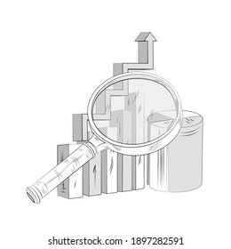 chart, graph and magnifier on white background