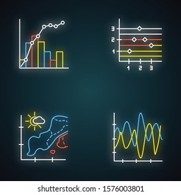 Chart and graph neon light icons set. Temperature map. Point and figure chart. Seismic activity presentation. Mixed graph. Vibration curve. Glowing signs. Vector isolated illustrations