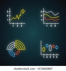Chart and graph neon light icons set. Radial diagram with increasing values. Area charts with segments and sections. Vertical scatter histogram. Glowing signs. Vector isolated illustrations