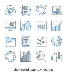 Iconos de color de línea azul relacionados con el gráfico y el gráfico. Conjunto de iconos de informe y diagrama.