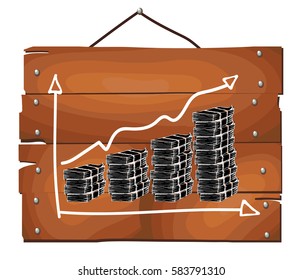 Chart, graph, table with money on wooden plank background. Free hand drawn. Vector illustration.