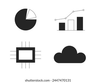 Chart graph technology black and white 2D line cartoon objects set. Chip, cloud server isolated vector outline items collection. Microchip, piechart, digital monochromatic flat spot illustrations