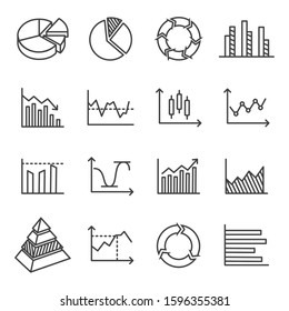 Chart and graphic diagram vector lines icon set. Contains such Icons as bar, curve, pie and more. Editable Stroke