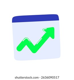 Chart with green arrow trending upward, representing growth, success, performance, business analytics, or financial increase