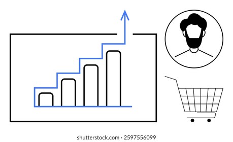 Chart with growing bars and upward arrow, customer profile, and shopping cart. Ideal for e-commerce, business growth, customer engagement, data analysis, marketing strategies. Simple line art style