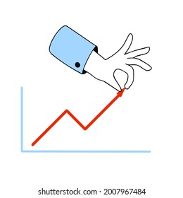 Chart growth. Increase business concept. Hand of businessman. Outline cartoon illustration. Red arrow