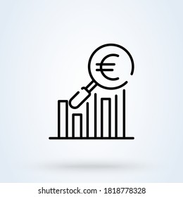 Chart Growth Magnifier euro coin sign icon or logo line. Financial Analytics concept. Money Data Analysis outline vector illustration.