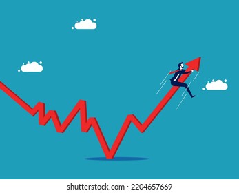 The chart has reversed up or the stock turned around. Businessman on the upward graph