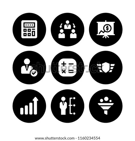 chart icon. 9 chart set with funnel, rank, manager and graph vector icons for web and mobile app