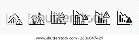 Chart Icon with Alert Warning Symbol and Downward Arrow Representing Risk Optimization, Financial Loss icon, Business Hazard Management, Market Crisis Control, chart with waring sing, caution sign
