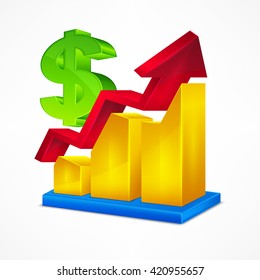 Chart icon arrow up statistic dollar sign on white vector illustration. Icon for business, growth, business infographic element.