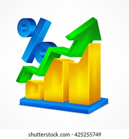 Chart icon, arrow up statistic & dollar sign on white, vector illustration. Icon for business,  infographic element.