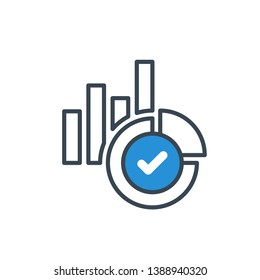 Chart icon with check sign. Diagram icon and approved, confirm, done, tick, completed symbol 