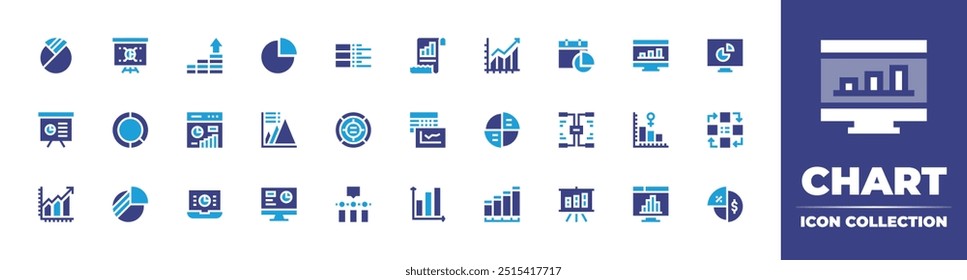 Coleção de ícones de gráfico. Cor duotônica. Ilustração vetorial. Contendo gráfico de peças, gráfico de pirâmides, gráfico de linhas, gráfico de donuts, gráfico de barras, análise, apresentação, crescimento.