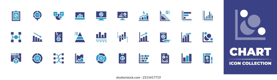 Chart icon collection. Duotone color. Vector illustration. Containing decreasing, chart, barchart, pyramidchart, diagram, polling, report, document, laptop.