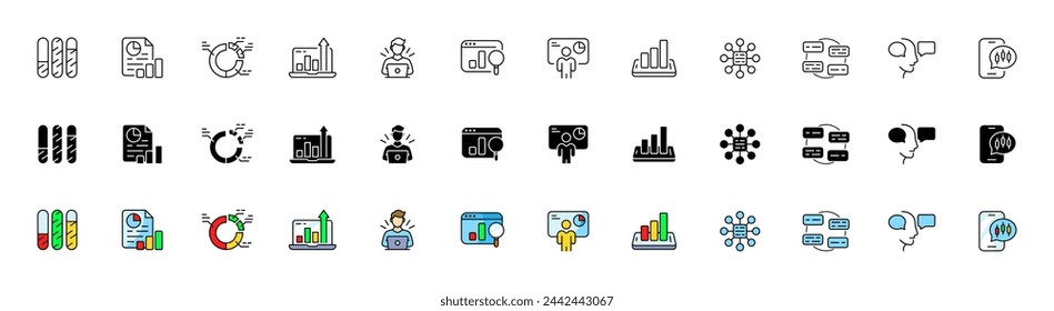 Chart icon collection. Graph icons. Linear, silhouette and flat style. Vector icons