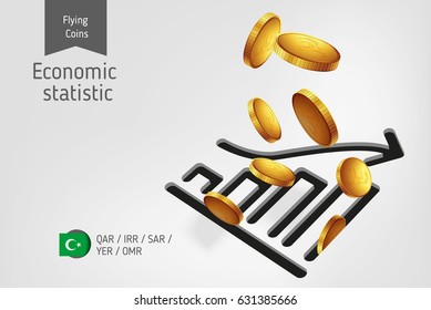 Chart icon with flying islamic rial coins, finance concept.