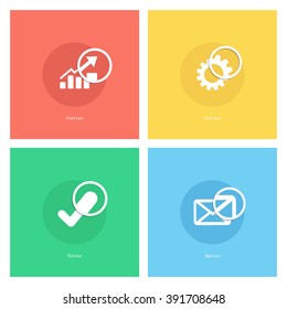 Chart icon, gear icon, tick icon, mail icon with magnifying glass. Vector illustration.