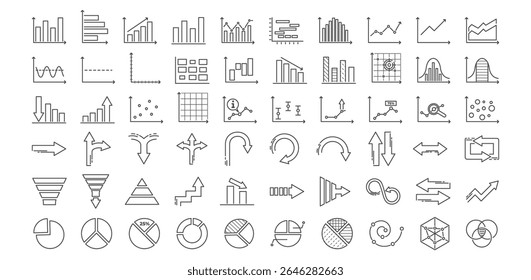 Chart icon and graph for statistic line or bar diagram with growth pie and graphic data. Use for analysis trend and pictogram by profit algorithm report. Business infographic title. Vector. 