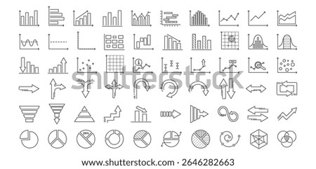 Chart icon and graph for statistic line or bar diagram with growth pie and graphic data. Use for analysis trend and pictogram by profit algorithm report. Business infographic title. Vector. 