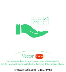 Chart icon with hand, vector illustration.