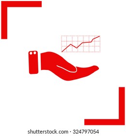 Chart icon with hand, vector illustration.