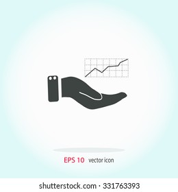 Chart icon with hand, vector illustration.
