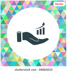 Chart icon with hand, vector illustration.