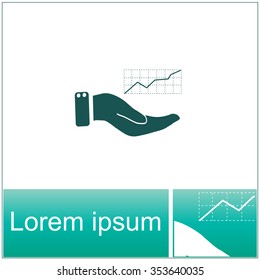 Chart icon with hand, vector illustration.