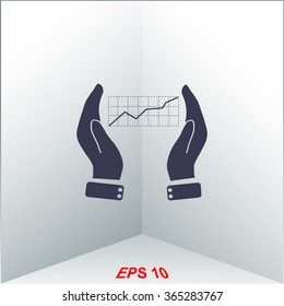 Chart icon with hand, vector illustration.