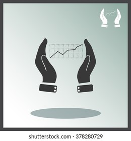 Chart icon with hand, vector illustration.
