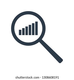 Chart icon. Increase schedule in magnifier. Analysis and statistics data symbol. Vector illustration isolated on white background.