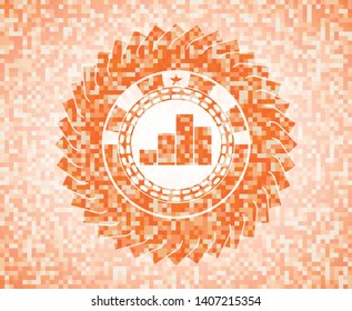 chart icon inside abstract emblem, orange mosaic background